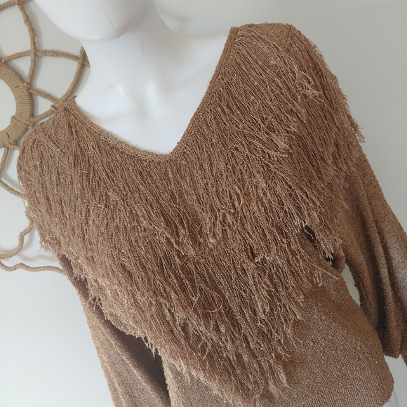 80s VINTAGE SHAGGY FRINGE BOHEMIAN RETRO HIPPY WESTERN SWEATER S M - Picture 1 of 9